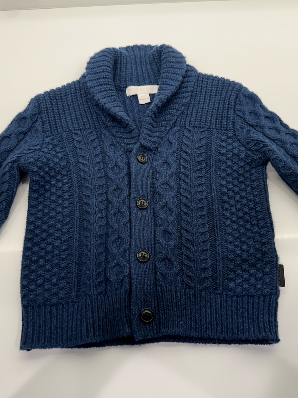 New! Burberry Children Shawl Collar Button Cardigan, Navy 12m+